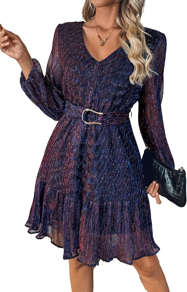 Woman Shiny Threads Dress Long Sleeve Lined with Belt V Neck Mini Pleated Dress | Amazon (US)
