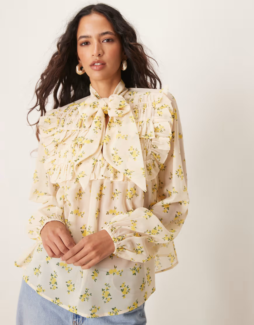 ASOS DESIGN tie neck shirred frill detail top in floral print-Multi | ASOS (Global)