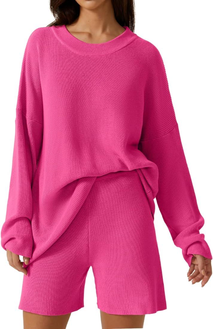 QINSEN Lounge Set for Women Long Sleeve Pullover Sweater with Shorts Two Pieces Loungewear | Amazon (US)