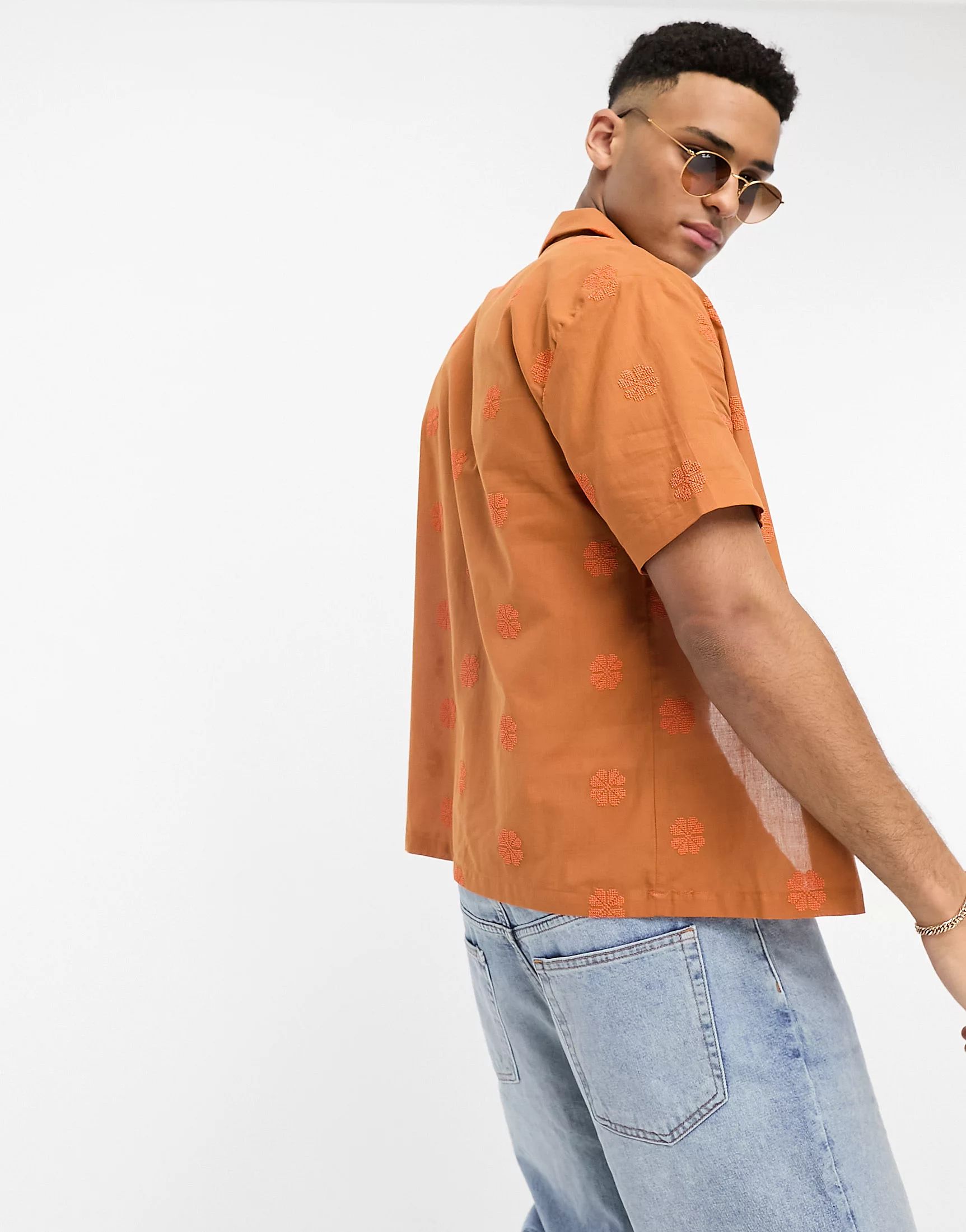River Island short sleeve camp collar embroidery shirt in rust | ASOS (Global)