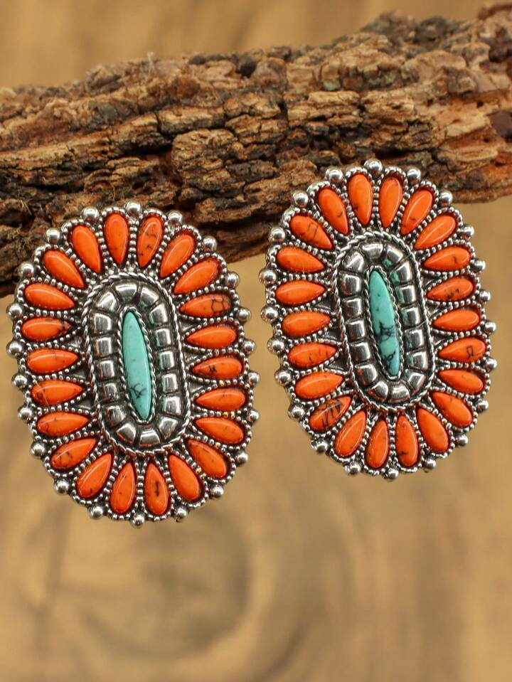 1pair Of Women's Earrings, Embellished With Turquoise, Orange Jewelry Earrings, Bohemian Style, V... | SHEIN