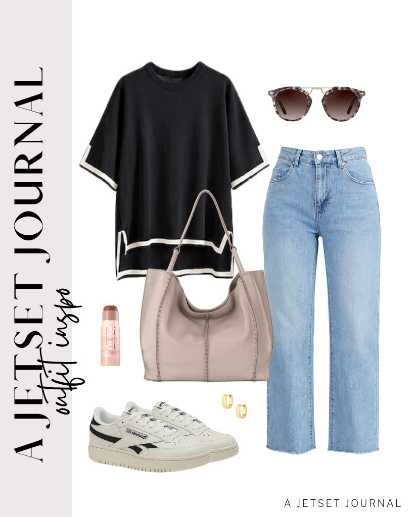 This black short-sleeve knit pullover and straight-leg denim combo is our last outfit. A pair of cozy Reebok platform shoes and a large tote bag by The Sak go well with this fit. Throw on your retro WearMe Pro sunnies and add a touch of your Maybelline makeup stick, and your look is complete!     

#LTKSeasonal #LTKSaleAlert #LTKTravel
 

 