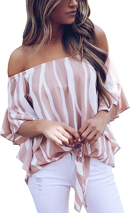 Asvivid Womens Striped Off The Shoulder Tops 3 4 Flare Sleeve Tie Knot Blouses and Tops | Amazon (US)