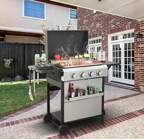 4-Burner Propane Gas BBQ Grill with Foldable Side Tables, 49,200 BTU Output with SS Plancha, Wire Enamel Grids for Outdoor Barbecue Backyard Party, Hanging Basket, Fixed Side Shelf, Stainless Steel | Amazon (US)