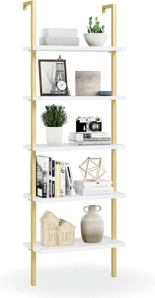 NUMENN 5 Tier Book Shelf, Industrial Ladder Shelf, Open Space Wall Mount Bookshelf with Metal Fra... | Amazon (US)