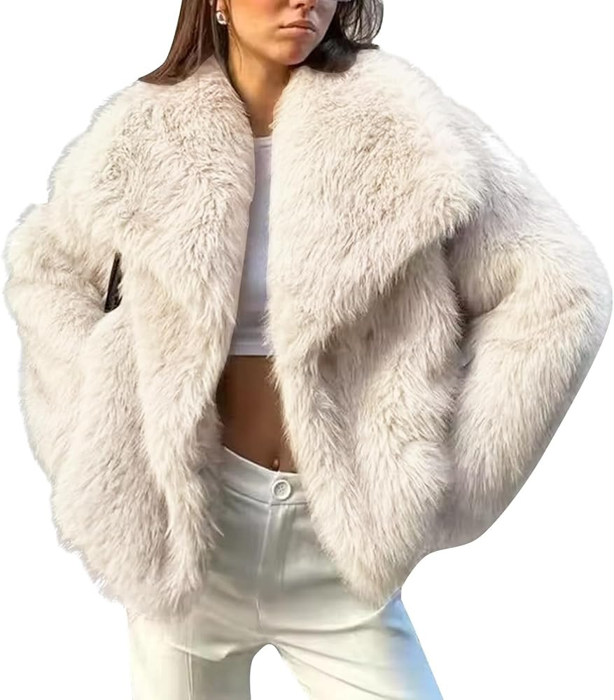COZYPOIN Womens Faux Fur Jacket Fluffy Fur Cropped Coat Long Sleeve Open Front Fur Cape | Amazon (US)
