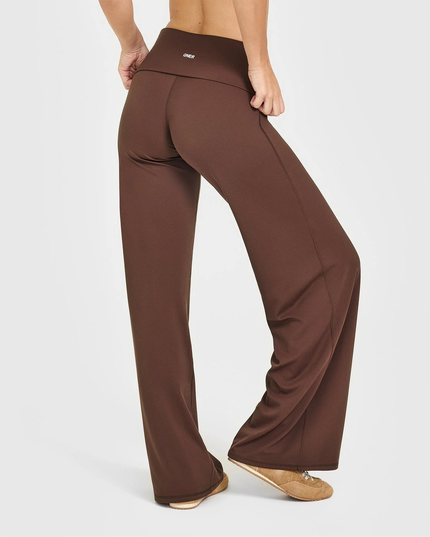SoftMotion\u2122 Fold Over Straight Leg Pants with White Logo | Espresso Brown | Oner Active (UK / US)