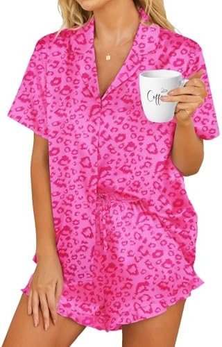 HOTOUCH Womens Satin Pajamas Set Button Down 2 Piece Silk Pjs Shorts Set Ruffle Lingerie Notch Co... | Amazon (US)