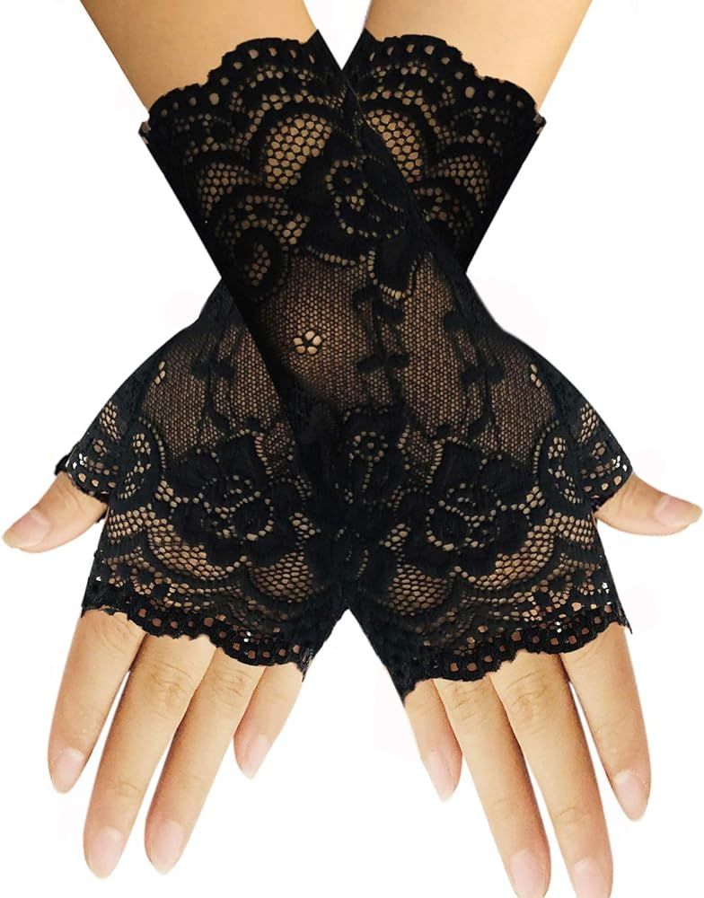 monochef Women Short Lace Gloves Sunblock Fingerless Bridal Wrist Gloves Opera Evening Wedding Te... | Amazon (US)