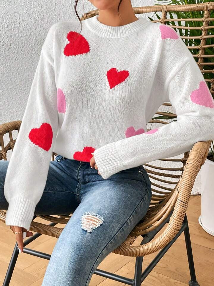 SHEIN Qutie Heart Pattern Drop Shoulder Sweater | SHEIN