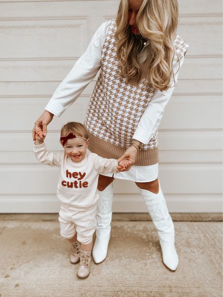 Mommy and me Amazon! 

Stella is 33inches and 27lbs, wearing 18-24mos

Size up in vest and button down for oversized look, wearing L in both. 

Boots run TTS. 
#amazon #babygirl #valentinesday #mommyandme

#LTKSeasonal #LTKkids #LTKunder50