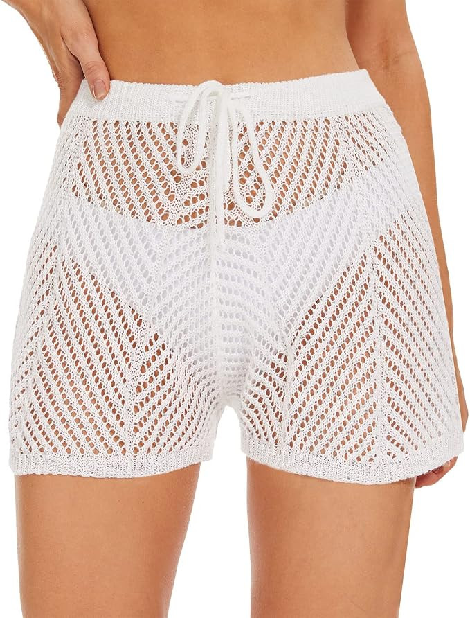 Jumppmile Womens Crochet Cover Up Shorts Hollow Out High Waist Knit Bathing Suit Bikini Swimsuit | Amazon (US)
