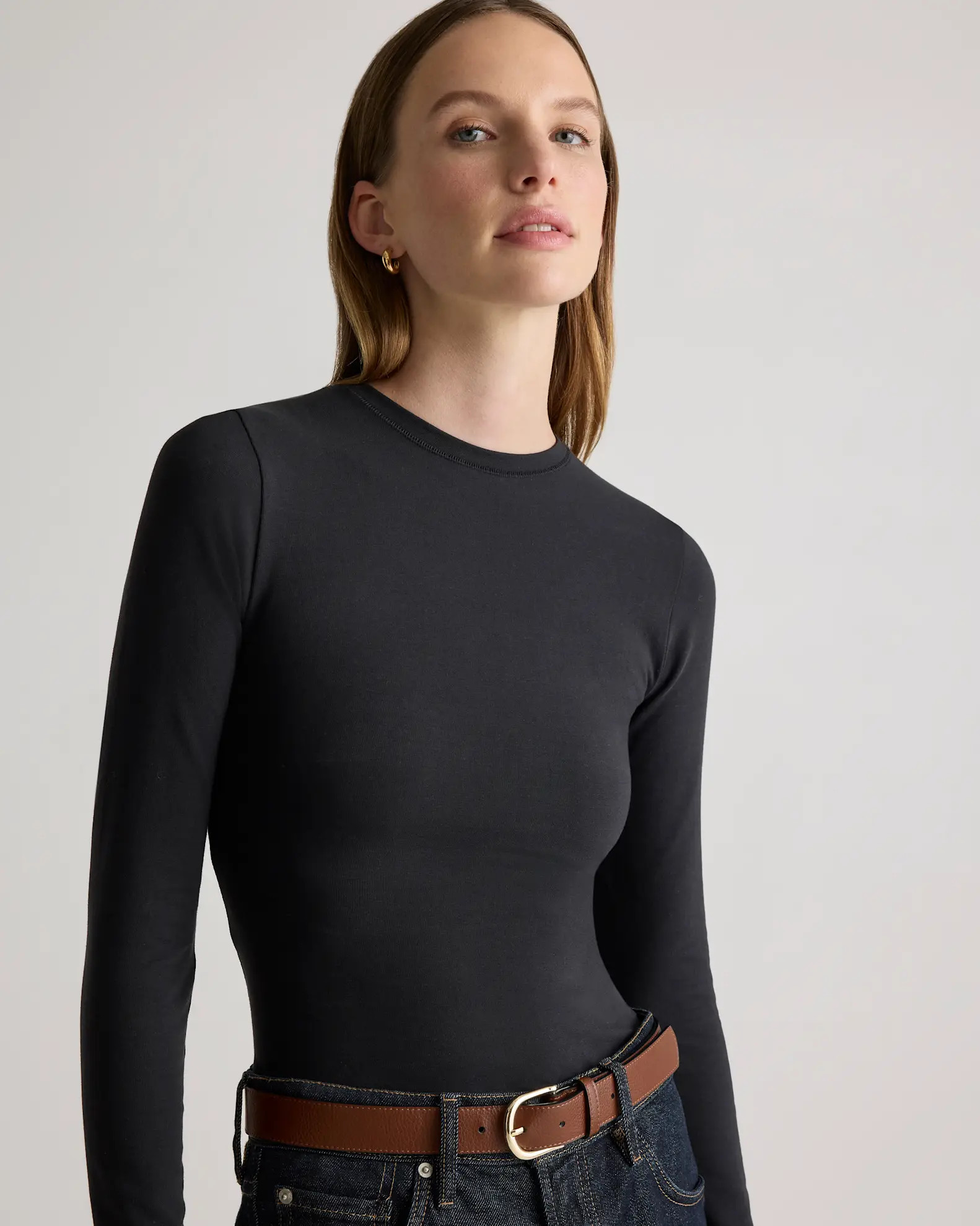 Stretch Cotton Jersey Fitted Long Sleeve T-Shirt in Black | Quince