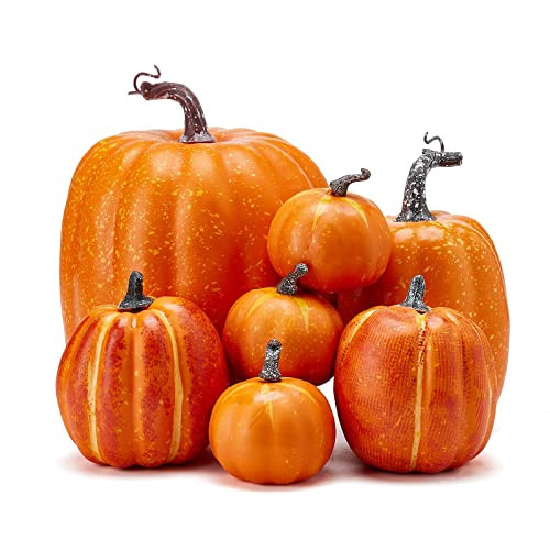 Zensounding Halloween Autumn Harvest Festival 7 Artificial Pumpkins of Various Styles Decorate Rural Style Farmhouses Foam Pumpkins Thanksgiving Dinner Party Home Festival Autumn Decoration (Orange) | Amazon (US)