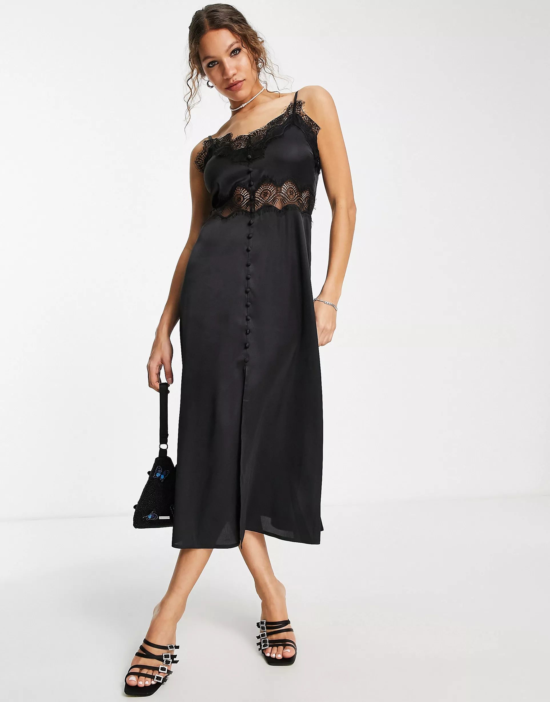 ASOS DESIGN button up midi lace insert slip dress in black | ASOS (Global)