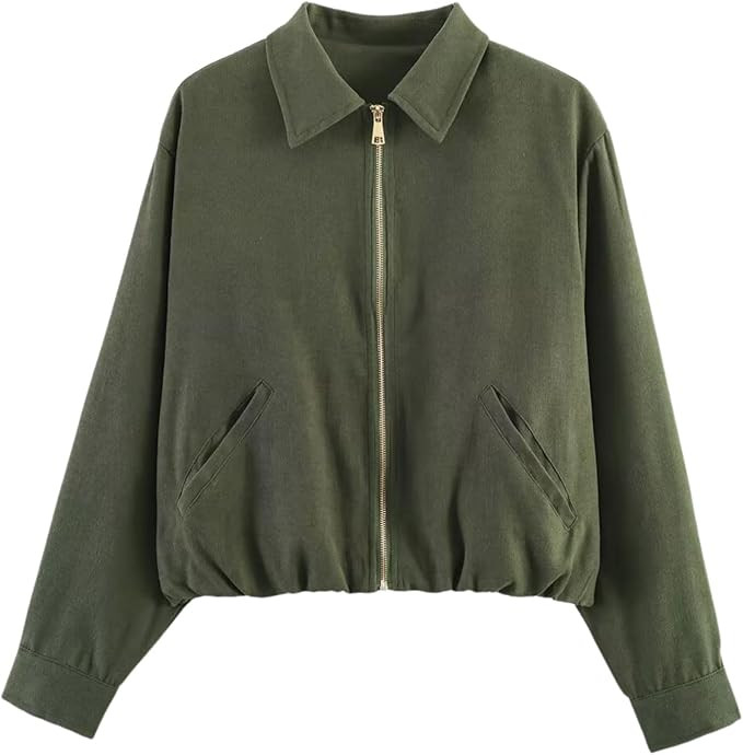 Chevara Women’s Volume Bomber Jacket Long Sleeve Lapel Zip Up Crop Jacket Outerwear with Pocket... | Amazon (US)
