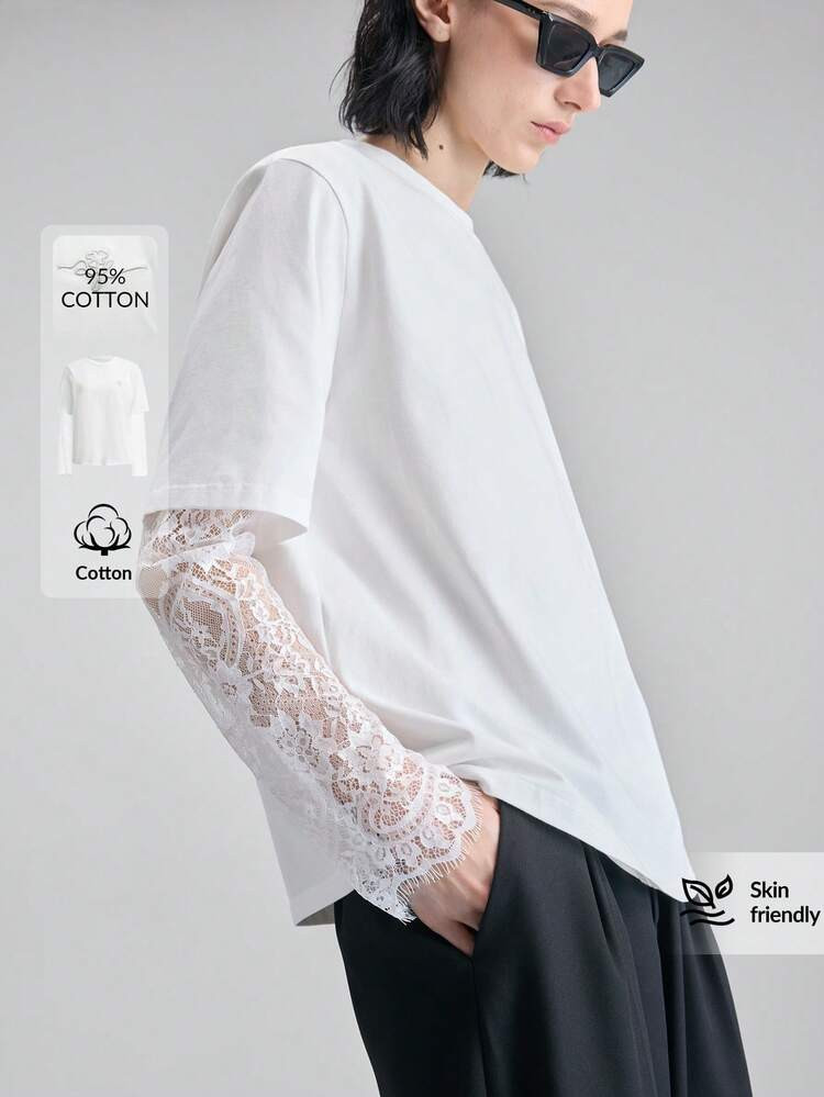 Blusa Da Donna In Tessuto Avorio, Comoda E Traspirante, Con Collo Rotondo, Spalle Leggermente Cadenti, Maniche Corte Aderente, Con Dettagli In Pizzo Ricamato. Stile Alla Moda E Urbano, Adatta Per L'ufficio E Il Tempo Libero. Elegante E Versatile, Ideale Per Crociere E Vacanze. Realizzata In Materiale Leggero E Di Alta Qualità, Perfetta Per La Stagione. | SHEIN