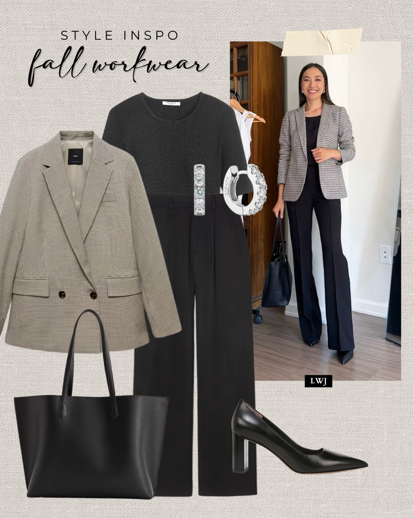 Style inspo: fall workwear 

Plaid blazer / black quarter sleeve top / black trousers / black pants / black leather tote bag / black heels / silver earrings / classic style / fall fashion / business professional 

#LTKWorkwear #LTKSeasonal #LTKStyleTip