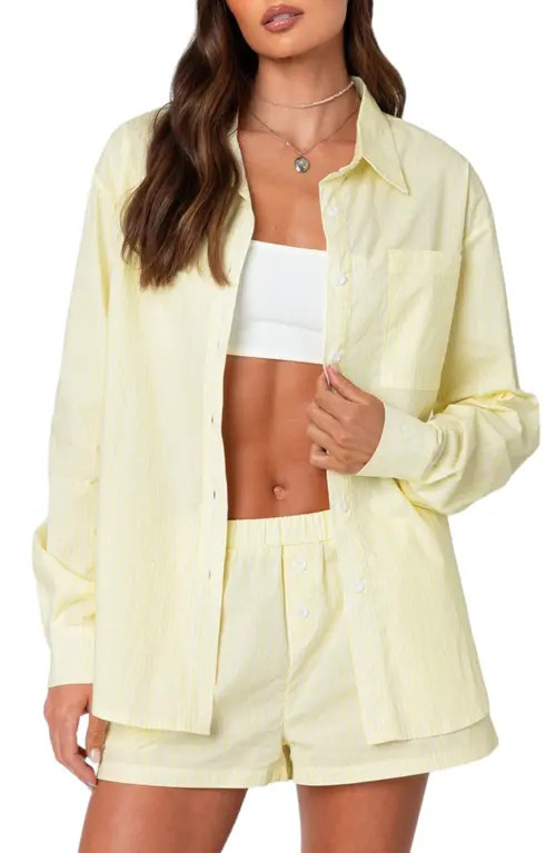 EDIKTED Pinstripe Oversize Button-Up Shirt in Yellow at Nordstrom, Size X-Large | Nordstrom