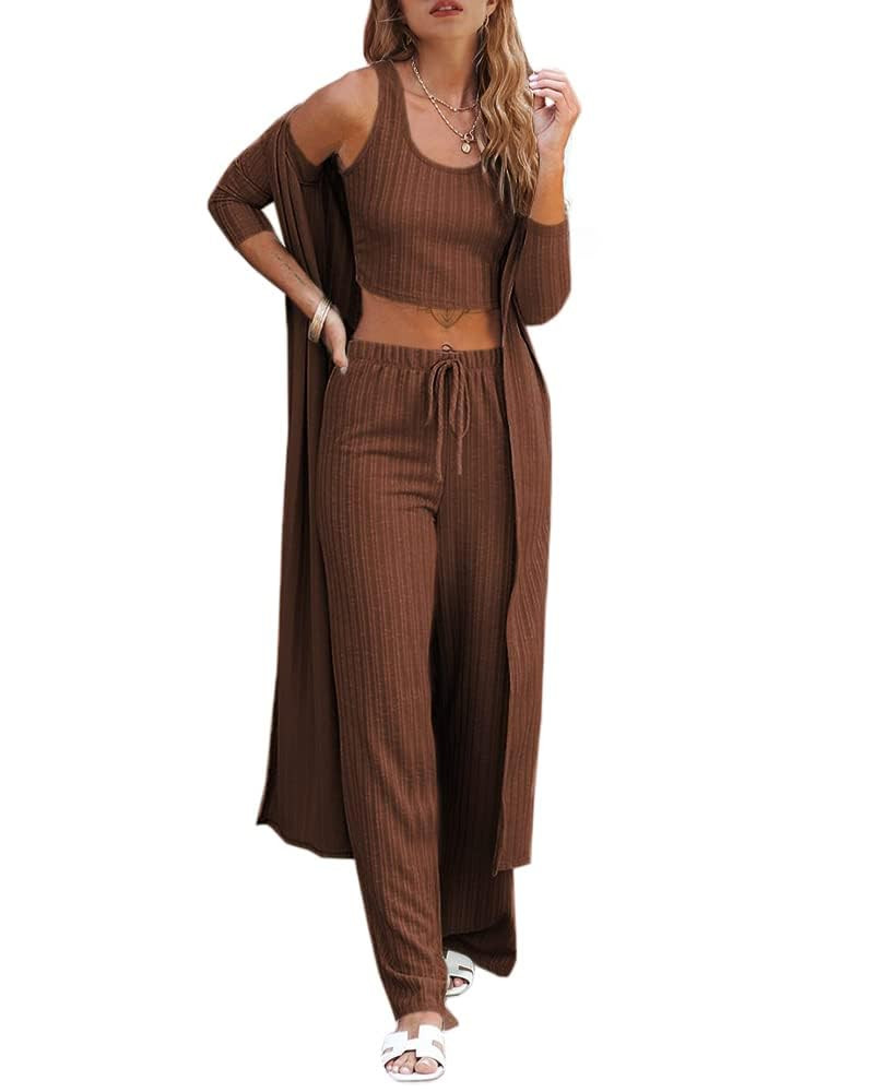 Fessceruna Womens 3 Piece Lounge Sets Pajamas Knit Long Sleeve Cardigan Crop Top Wide Leg Pants L... | Amazon (US)