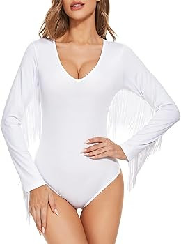 American Trends Women's Fringe Trim V Neck Long Sleeve Bodysuit Top Body Suit Concert Cowgirl Dis... | Amazon (US)