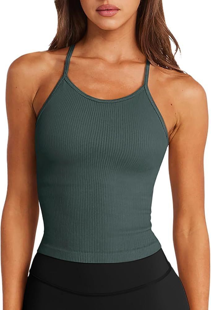 LASLULU Womens Sports Bra Seamless Long Crop Tank Racer Back Spaghetti Strap Workout Yoga Bra Pad... | Amazon (US)