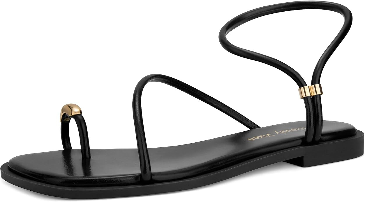 Womens Flats Loop Sandals Square Toe Strappy Ankle Strap Summer Flat | Amazon (US)