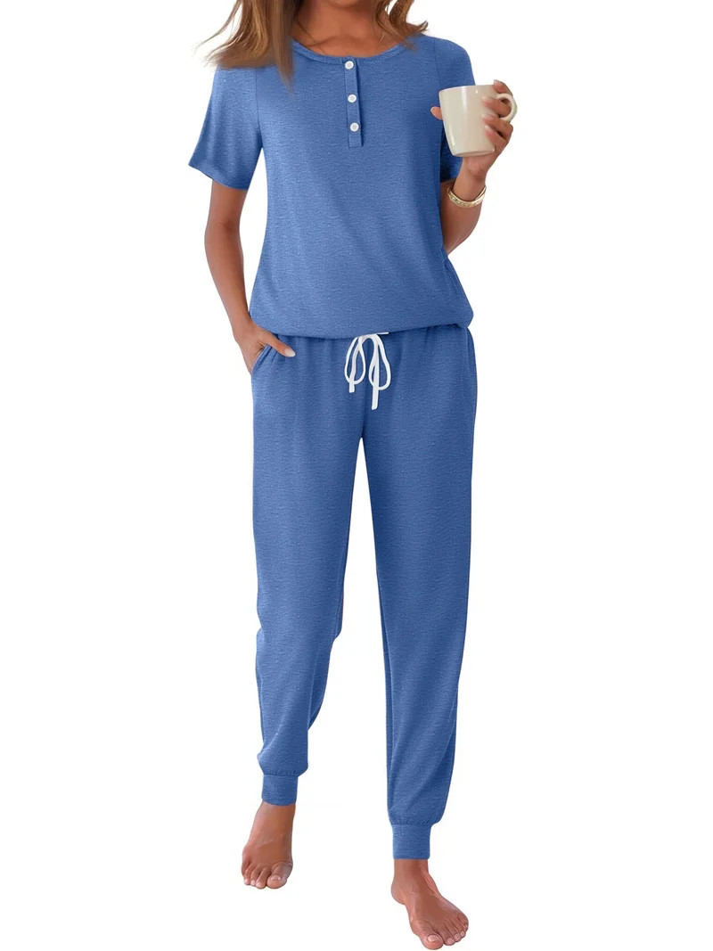 Fantaslook Pajamas Sets for Women Short Sleeve Henley Shirt and Pants With Drawstring Casual Loun... | Walmart (US)