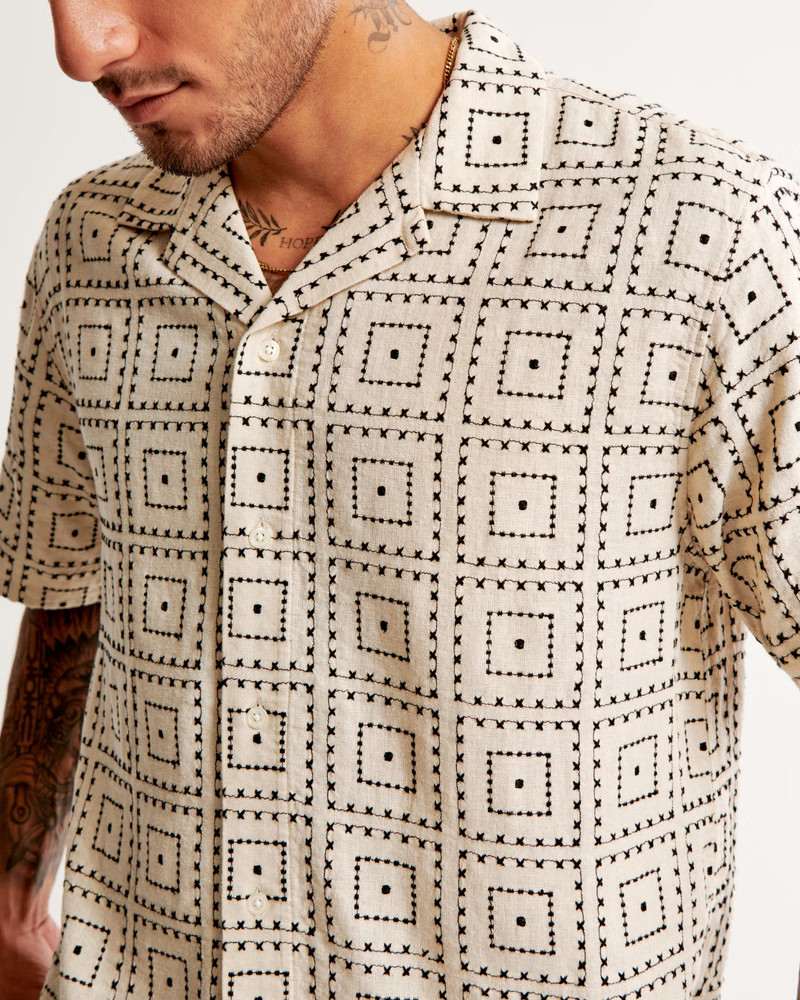 Camp Collar Summer Linen-Blend Embroidered Shirt | Abercrombie & Fitch (US)