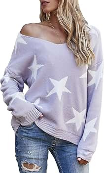 ECOWISH Women Knit Sweaters Long Sleeves V Neck Pullover Loose Fit Fashion Stars Sweater | Amazon (US)