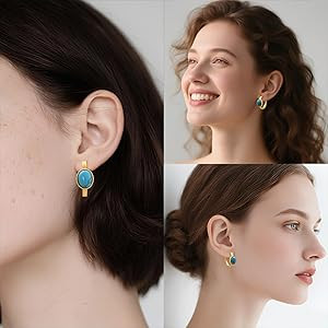 14K Plated Gold Chunky Turquoise Huggie Hoop Earrings for Women Boho Style Gemstone Earrings | Amazon (US)