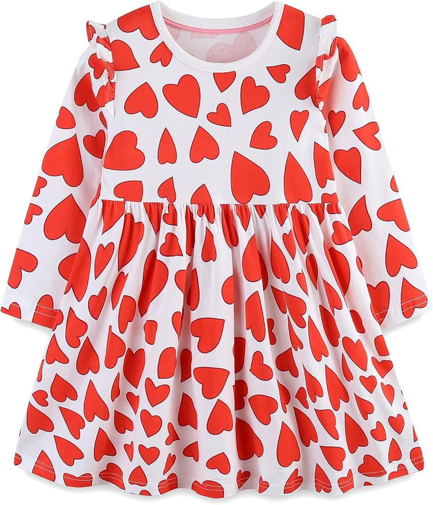 Hongshilian Toddler Girls Cotton Casual Dress Cute Cartoon Appliques Long Sleeve Playwear Dresses | Amazon (US)