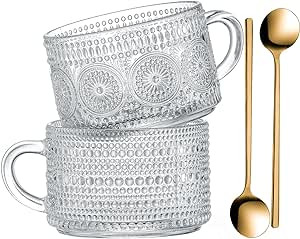 Gezzeny Vintage Glass Coffee Mugs 14 Oz Set of 2 Clear Embossed Tea Cups, Glass Coffee Cups for C... | Amazon (US)