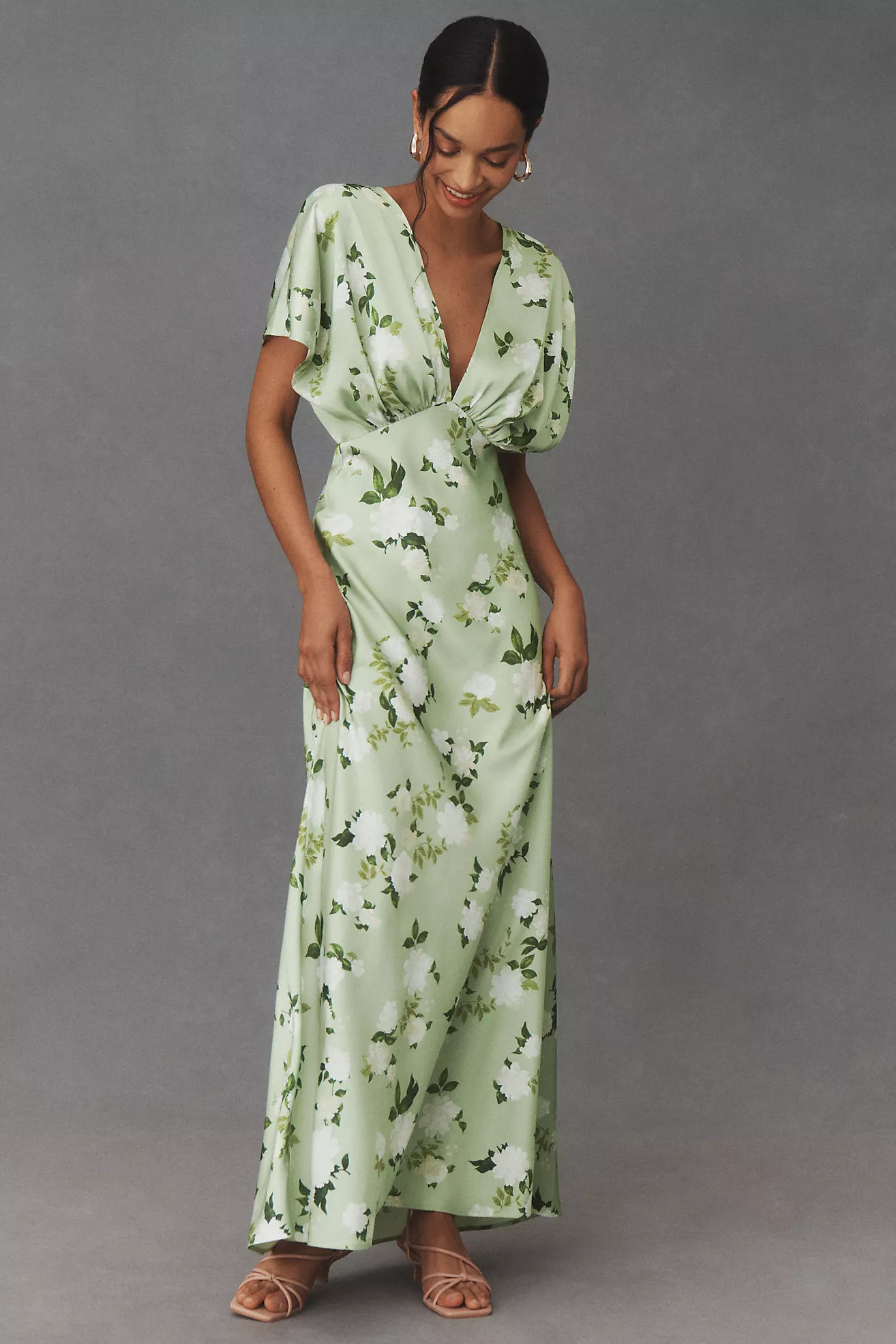 BHLDN Leila Deep-V Flutter-Sleeve Satin A-Line Gown | Anthropologie (US)
