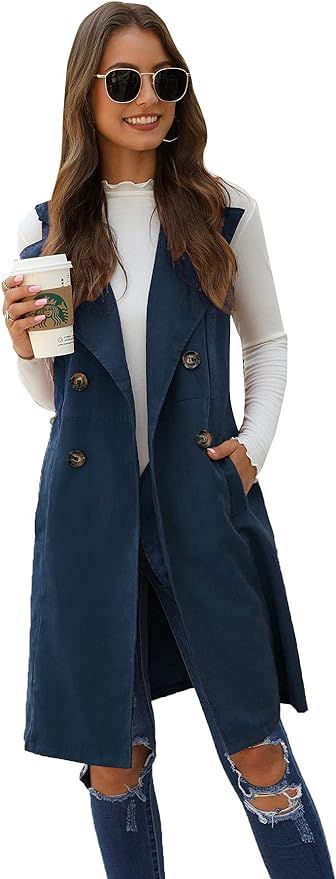 SheIn Women's Double Breasted Long Vest Jacket Casual Sleeveless Pocket Outerwear Longline | Amazon (US)