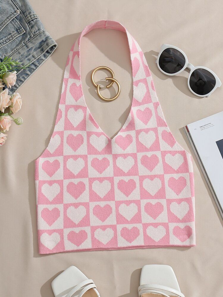 Heart Print Halter Neck Knit Top | SHEIN