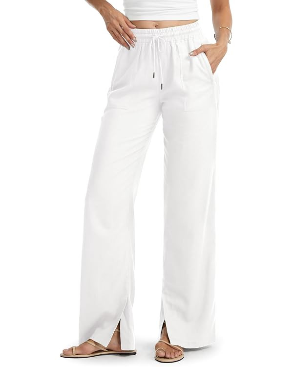 Tall Women 32/34/36 Inseam Linen Pants Wide Leg Side Slit Beach Summer Casual Palazzo Lounge Bott... | Amazon (US)