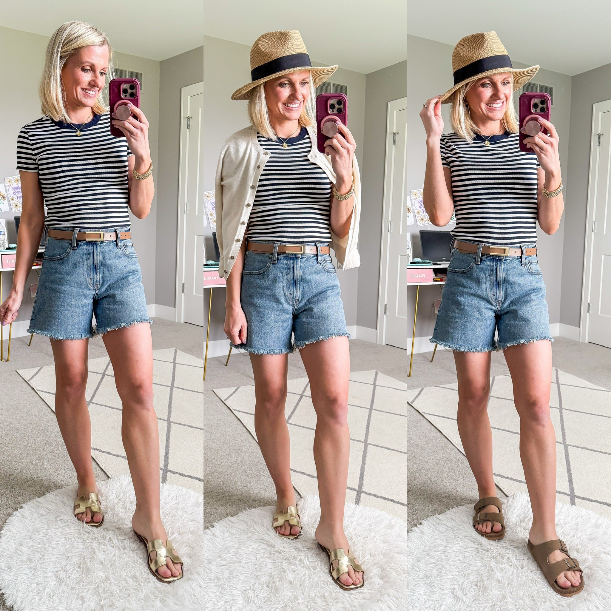 Summer capsule wardrobe outfit ideas with a striped T-shirt and jean shorts  

#LTKStyleTip #LTKSeasonal #LTKOver40
