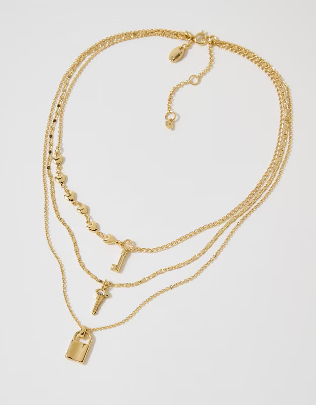 Aerie Mixed Metal Lock And Key Necklace | American Eagle Outfitters (US & CA)