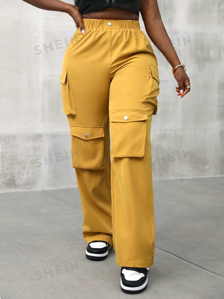 SHEIN Slayr Casual And Workwear Style Straight Leg Pants With Elastic Waistband And Multiple Pock... | SHEIN