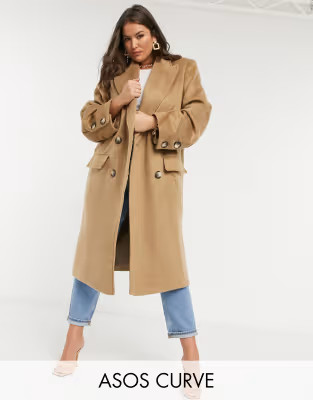 ASOS DESIGN Curve brushed luxe maxi coat in camel | ASOS (Global)