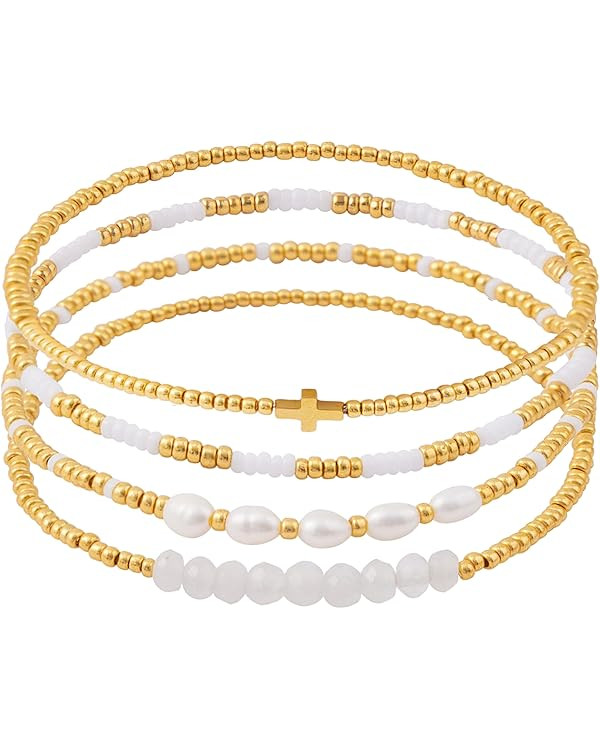 Dainty Gold Pearl Crystal Beaded Bracelets Set for Women 14K Real Gold Plated Bead Pearl Crystal ... | Amazon (US)