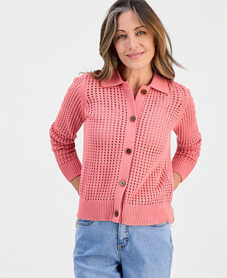 Petite Open-Stitch Button-Front Cotton Cardigan, Macy's Exclusive | Macy's