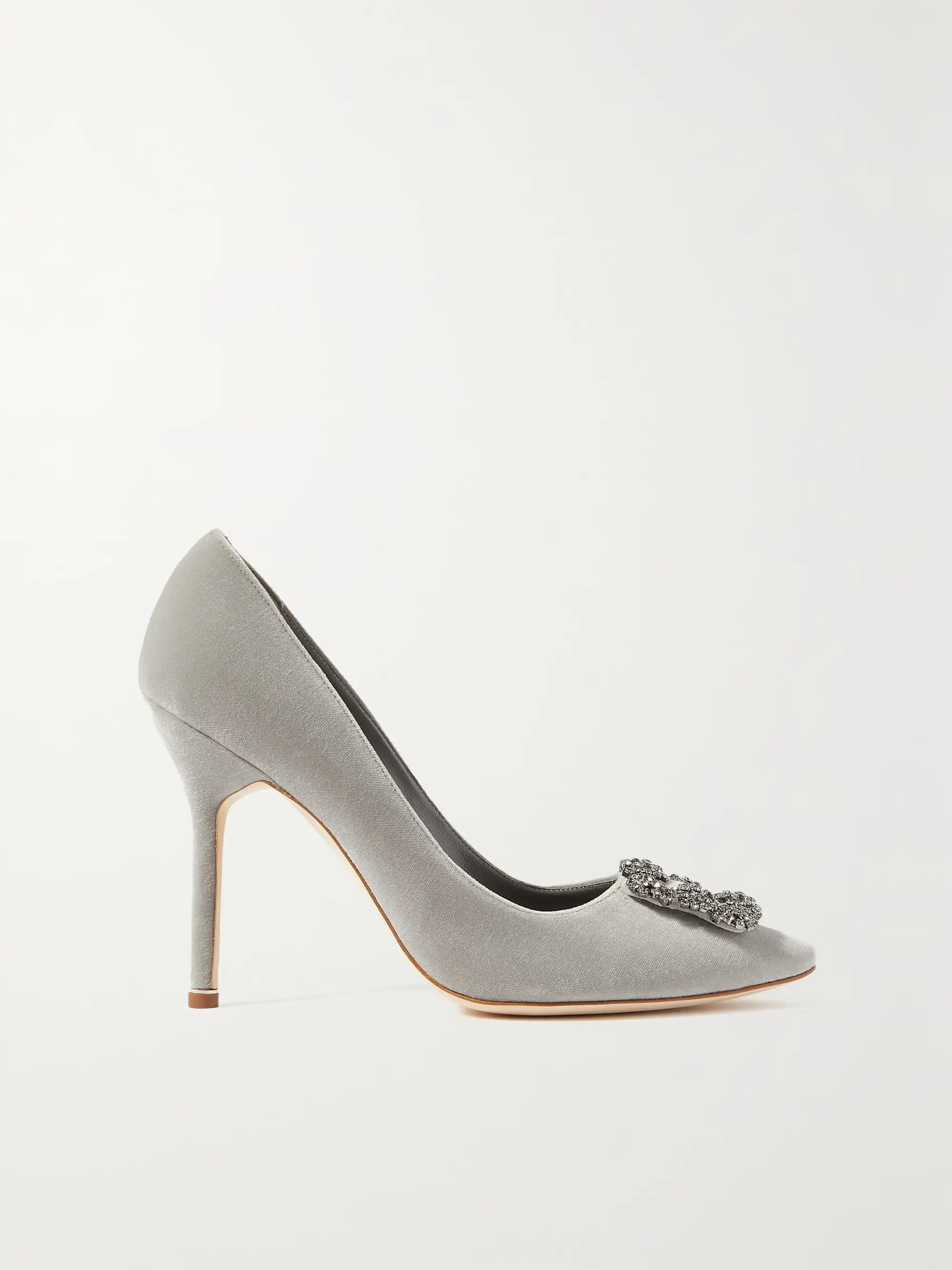 Light gray Hangisi 105 embellished velvet pumps | MANOLO BLAHNIK | NET-A-PORTER | NET-A-PORTER (US)