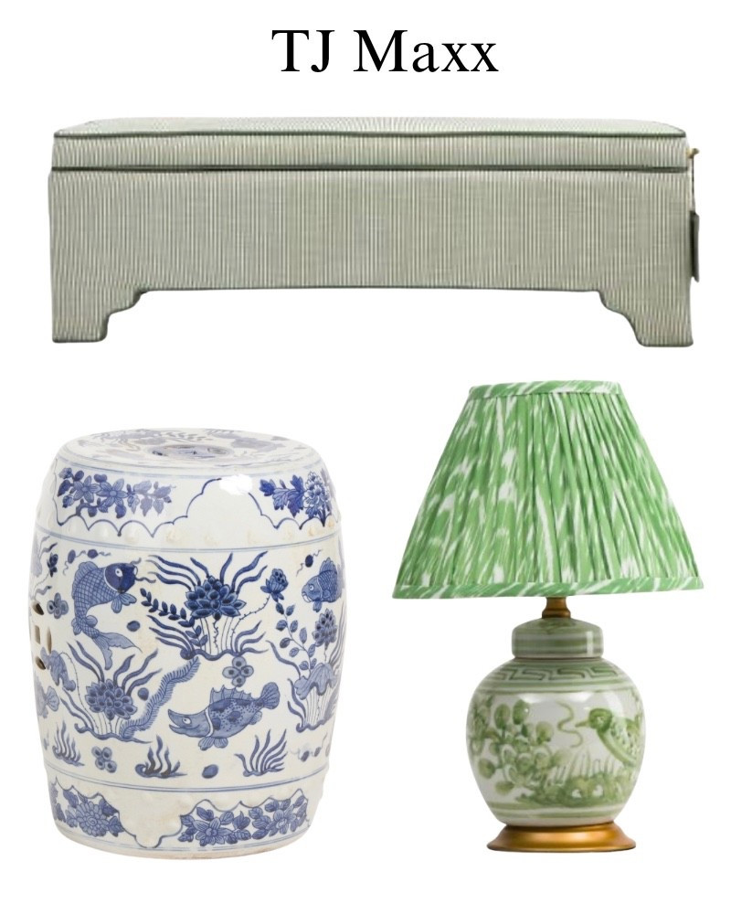 Blue and white garden stool, green table lamp, Lillian August, green striped bench, entry, living room, office, French, modern, coastal, TJ Maxx sale.

#LTKSaleAlert #LTKHome