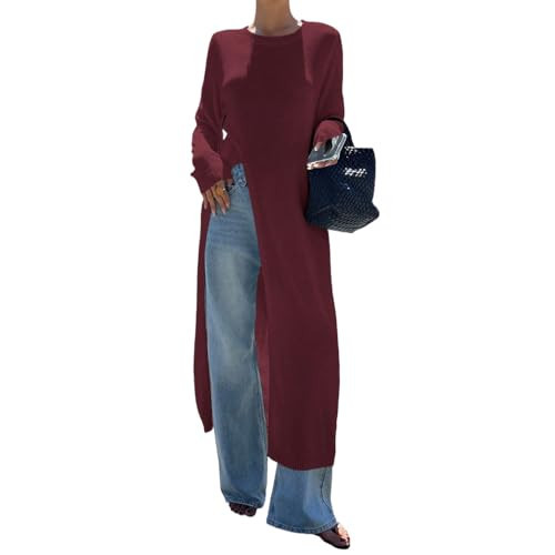 GCZREN Women Trendy Split Hem Crew Neck Maxi Knit Sweater Casual Loose High Slit Long Sleeve Long Dress Shirt Streetwear(L,Red) | Amazon (US)