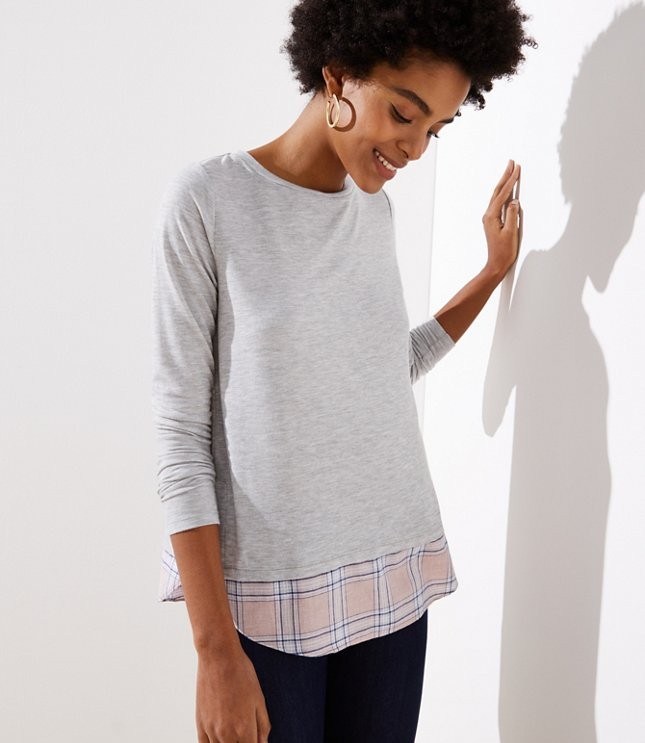 Plaid Mixed Media Shirttail Tee | LOFT | LOFT