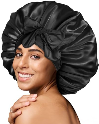 BONNET QUEEN Silk Bonnet for Sleeping Satin Bonnet Hair Bonnets Large Bonnets Hair Wrap Sleep Cap with Tie Band for Women Curly Hair Braids Locs Black | Amazon (US)