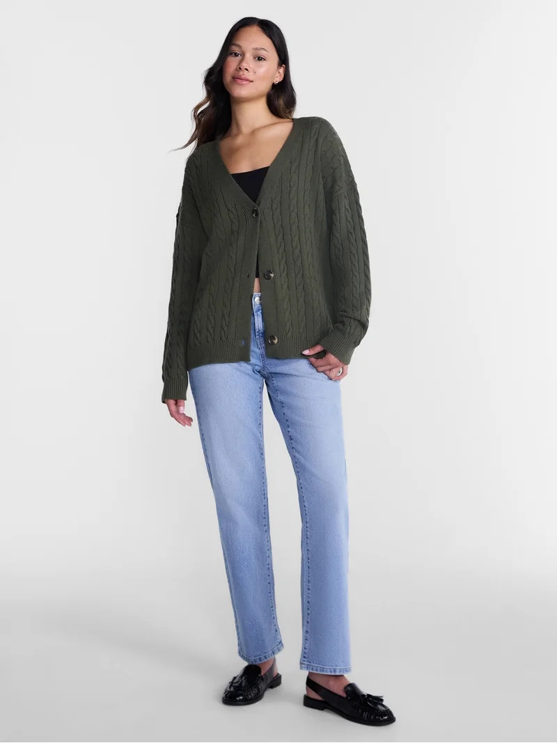 No Boundaries Cable Knit Grandpa Cardigan, Women's and Women's Plus XXS-4X | Walmart (US)
