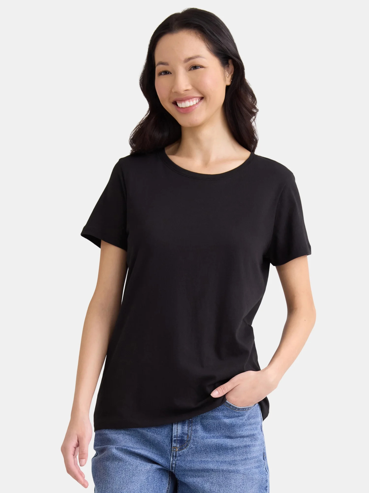 Time and Tru Women's Cotton Crewneck Tee with Short Sleeves, Size XS-XXXL | Walmart (US)